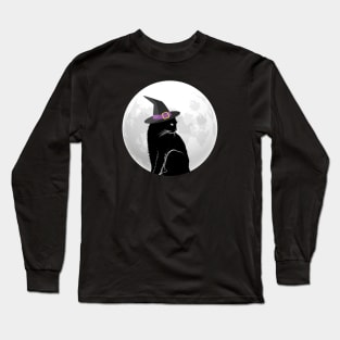 Black Witch Cat and Full Moon Long Sleeve T-Shirt